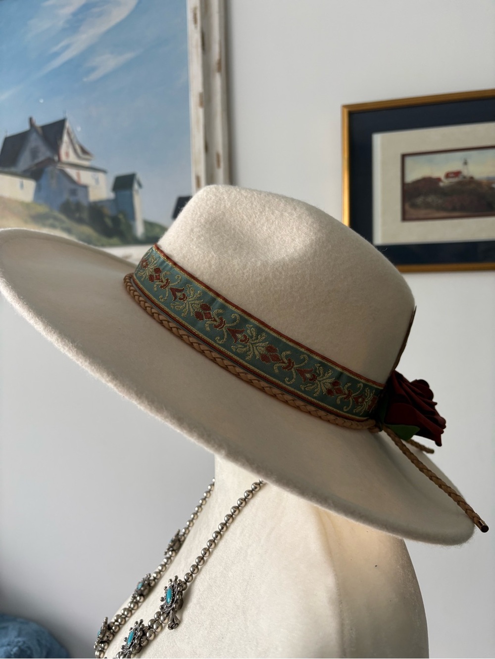 Lucky Brand Cream Wide-Brim Felt Hat with Floral Ribbon Band